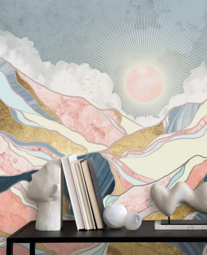 papel pintado de sol y montañas doradas y pastel