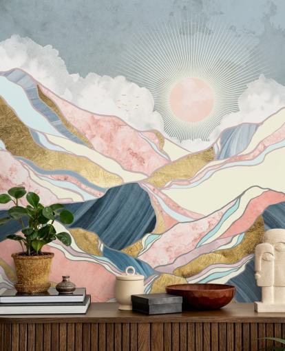gold and pastel mountains and sun wallpaper