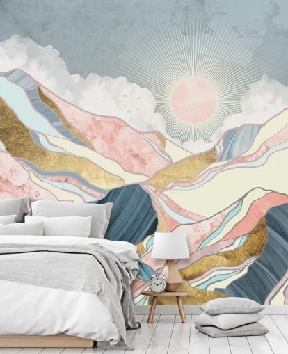 papel pintado de sol y montañas doradas y pastel papel pintado de sol y montañas doradas y pastel