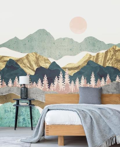 abstract pastel and gold mountain wall mural