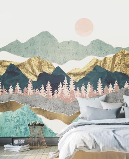 abstract pastel and gold mountain wall mural
