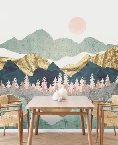abstract pastel and gold mountain wall mural