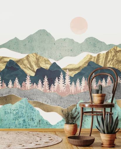 mural de pared montañas abstractas pastel y dorado