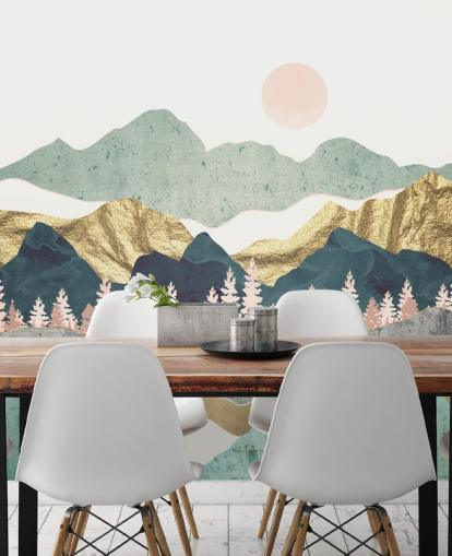 abstract pastel and gold mountain wall mural