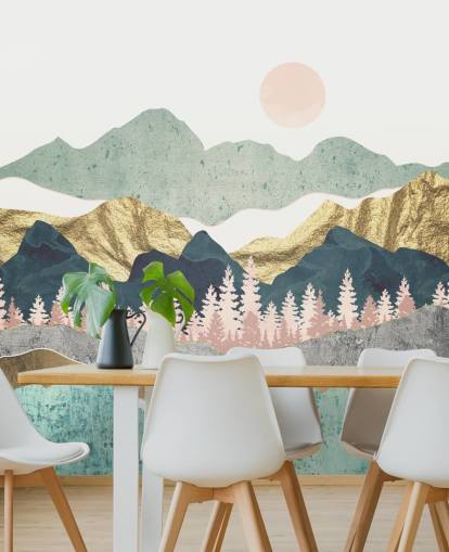 abstract pastel and gold mountain wall mural