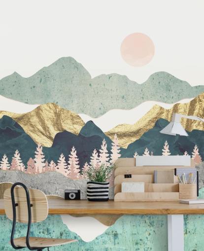 abstract pastel and gold mountain wall mural