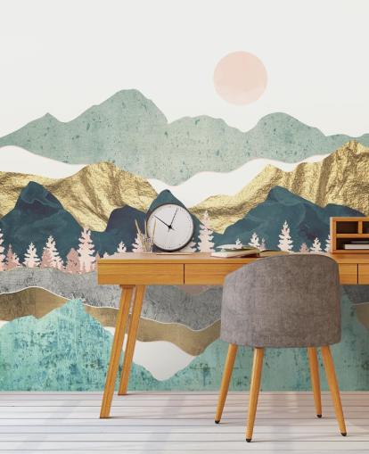 abstract pastel and gold mountain wall mural
