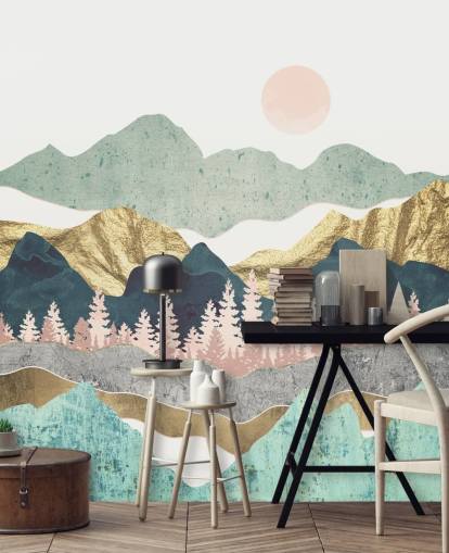 abstract pastel and gold mountain wall mural