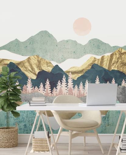 mural de pared montañas abstractas pastel y dorado