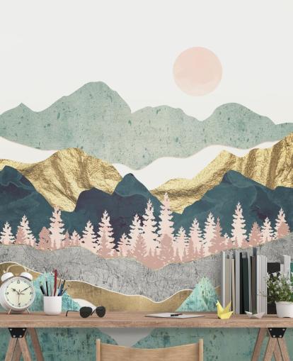 abstract pastel and gold mountain wall mural
