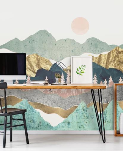abstract pastel and gold mountain wall mural