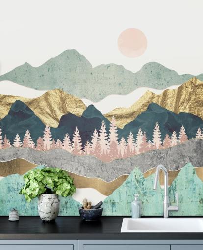 abstract pastel and gold mountain wall mural