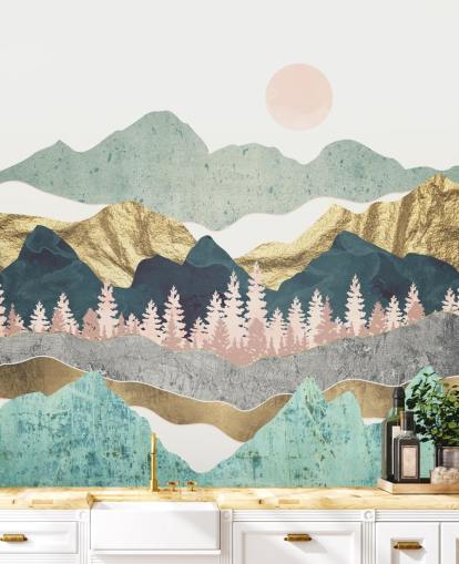 abstract pastel and gold mountain wall mural