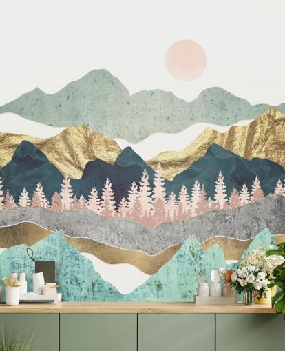 abstrakt pastel og guld bjerg vægmaleri