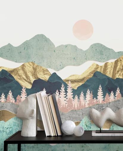 abstract pastel and gold mountain wall mural