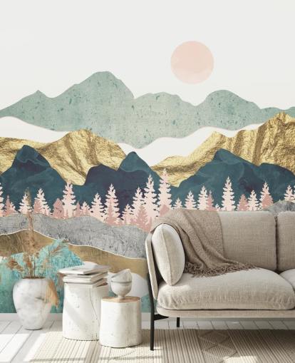 abstract pastel and gold mountain wall mural