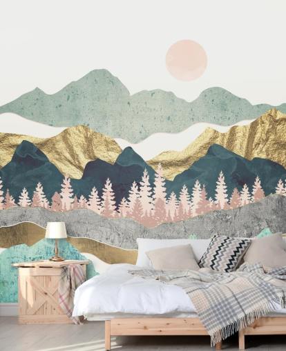 abstract pastel and gold mountain wall mural