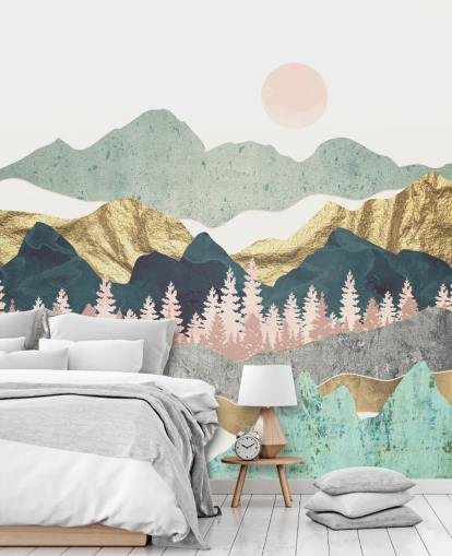 abstract pastel and gold mountain wall mural