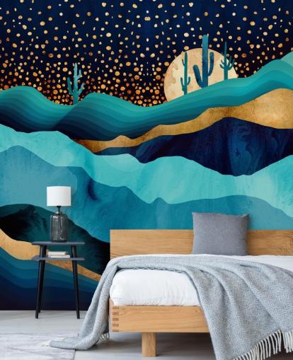 fondo de pantalla abstracto paisaje desértico azul y dorado