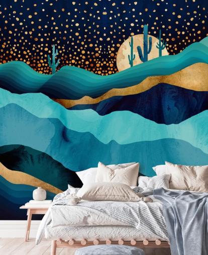 abstract blue and gold desert landscape wallpaper