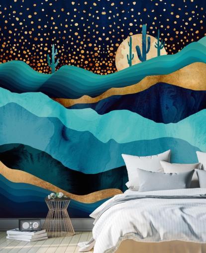 abstract blauw en goud woestijnlandschap behang abstract blauw en goud woestijnlandschap behang