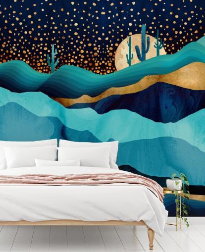 fondo de pantalla abstracto paisaje desértico azul y dorado