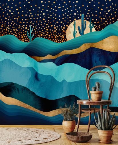 carta da parati astratta blu e oro paesaggio desertico