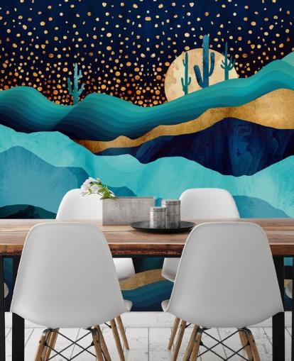 abstrakte blaue und goldene wüstenlandschaft tapete