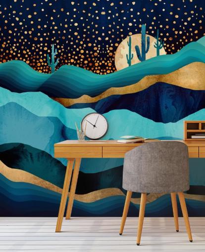 carta da parati astratta blu e oro paesaggio desertico