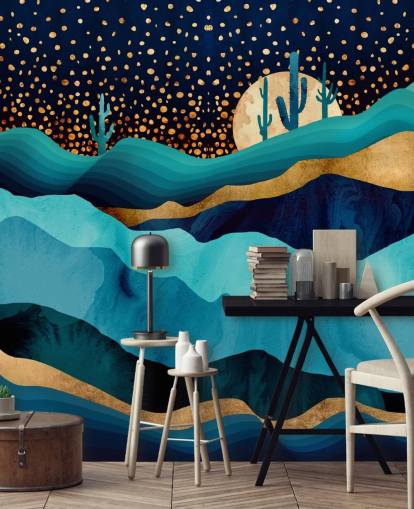 abstract blauw en goud woestijnlandschap behang