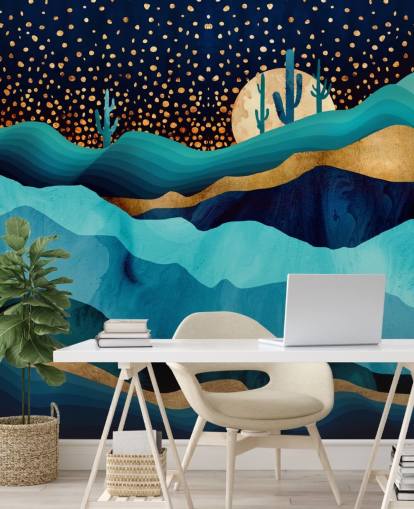 abstrakte blaue und goldene wüstenlandschaft tapete