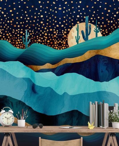 abstrakte blaue und goldene wüstenlandschaft tapete abstrakte blaue und goldene wüstenlandschaft tapete