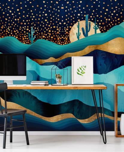 fondo de pantalla abstracto paisaje desértico azul y dorado