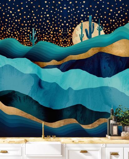 abstract blauw en goud woestijnlandschap behang