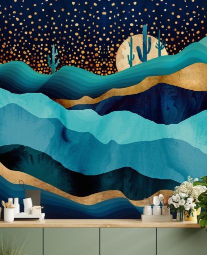 carta da parati astratta blu e oro paesaggio desertico