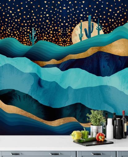 abstract blauw en goud woestijnlandschap behang