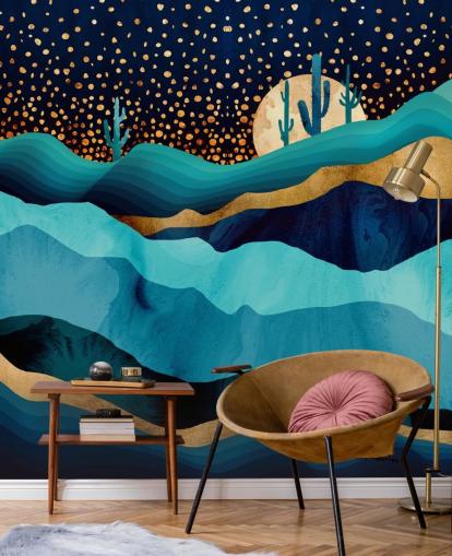 abstract blue and gold desert landscape wallpaper