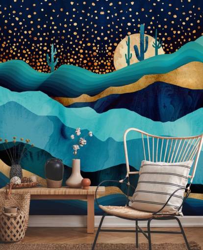 abstract blue and gold desert landscape wallpaper