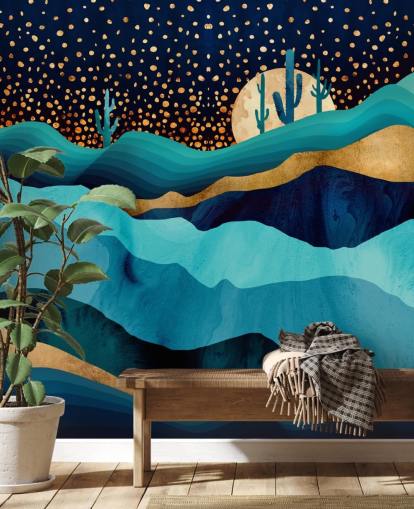 abstract blue and gold desert landscape wallpaper