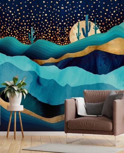 abstract blauw en goud woestijnlandschap behang