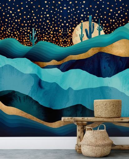 abstract blauw en goud woestijnlandschap behang