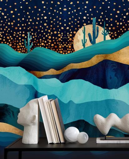 abstract blue and gold desert landscape wallpaper