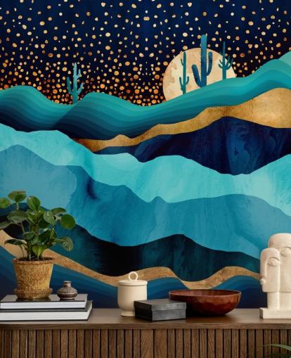 carta da parati astratta blu e oro paesaggio desertico