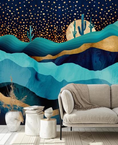 carta da parati astratta blu e oro paesaggio desertico