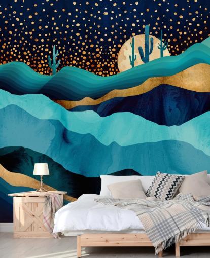 carta da parati astratta blu e oro paesaggio desertico