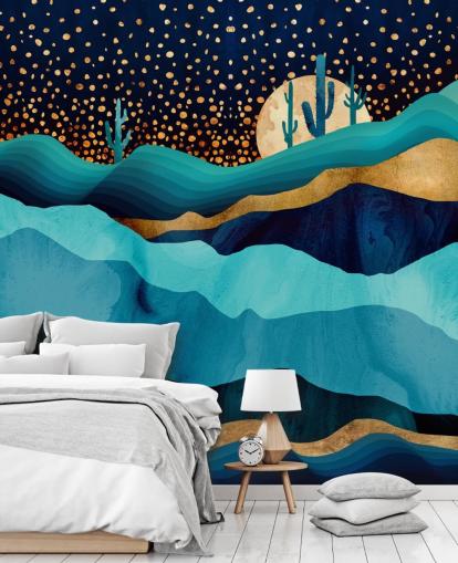 fondo de pantalla abstracto paisaje desértico azul y dorado