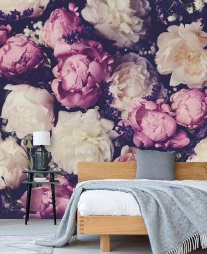 papier peint pivoines blanches, roses et violettes