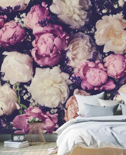papel pintado de peonías blancas, rosas y moradas