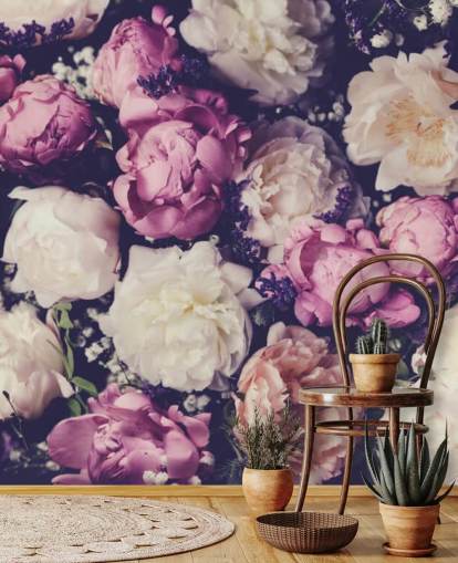 papier peint pivoines blanches, roses et violettes papier peint pivoines blanches, roses et violettes