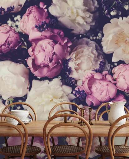 carta da parati peonie bianche, rosa e viola